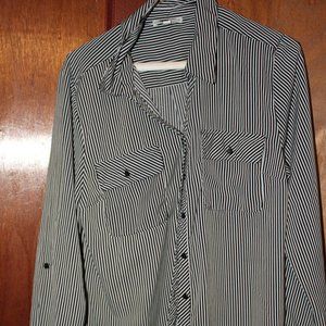 Women's black and white striped button down shirt.